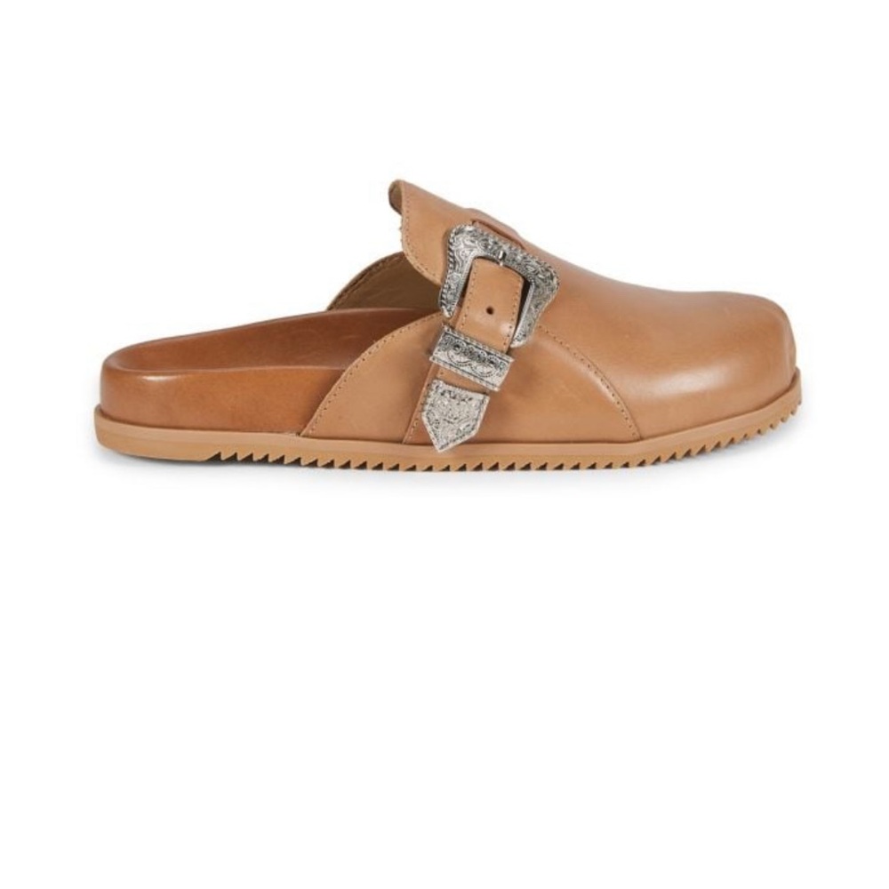Tan Leather Slip-On Clogs with Silver Buckle